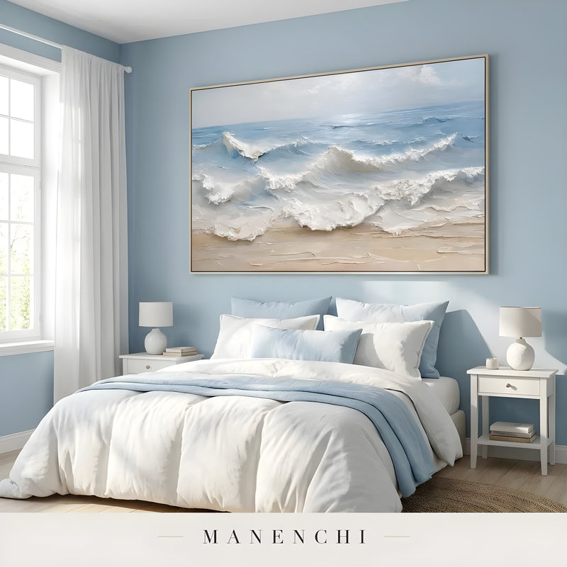 Seaside Sculpted Crest abstract painting displayed in bedroom scene