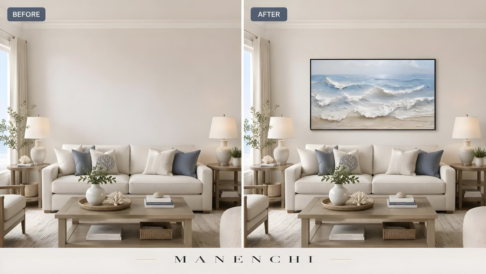 Seaside Sculpted Crest original hand-painted abstract painting, before and after in a styled room