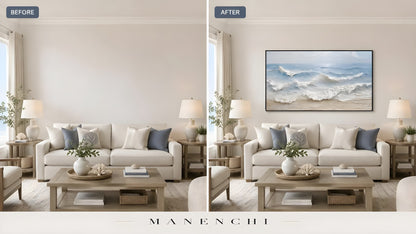 Seaside Sculpted Crest original hand-painted abstract painting, before and after in a styled room