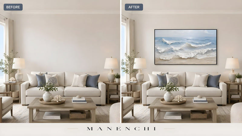 Seaside Sculpted Crest original hand-painted abstract painting, before and after in a styled room