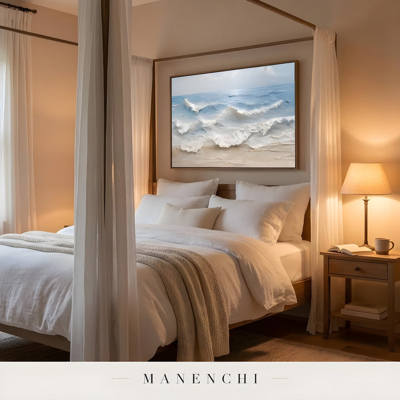 Seaside Sculpted Crest abstract painting displayed in canopy bedroom decor