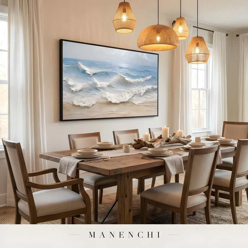 Seaside Sculpted Crest abstract painting displayed in dining room interior
