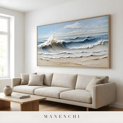 Seaside Sculpted Surge abstract painting displayed in living room display setting