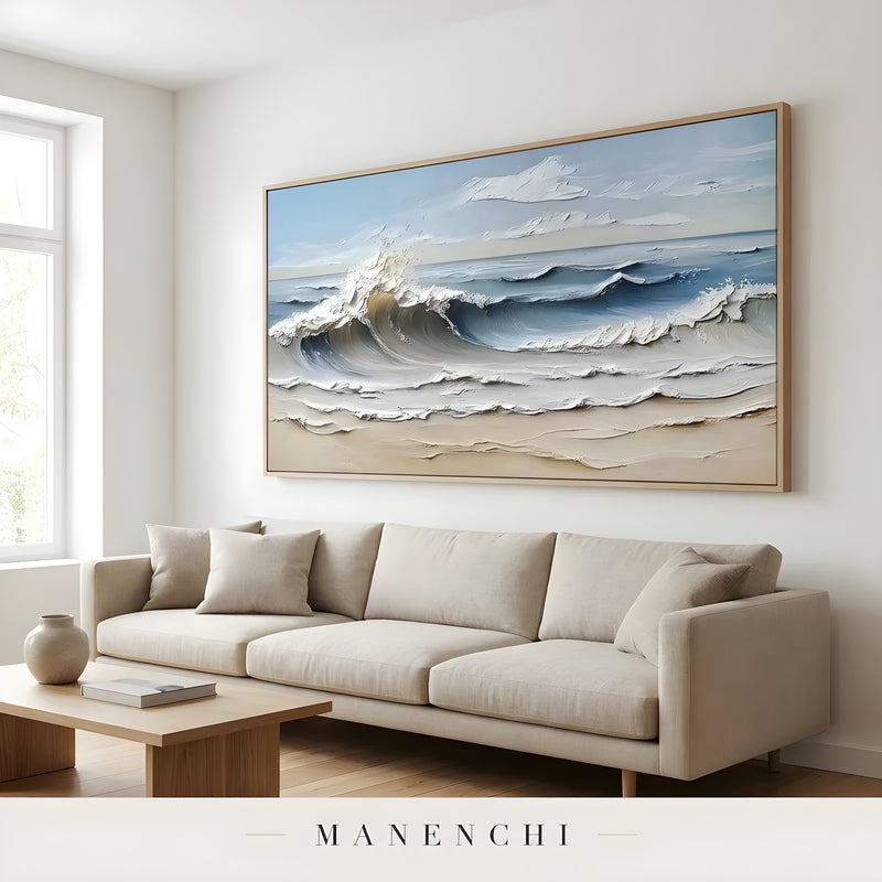 Seaside Sculpted Surge abstract painting displayed in living room display setting