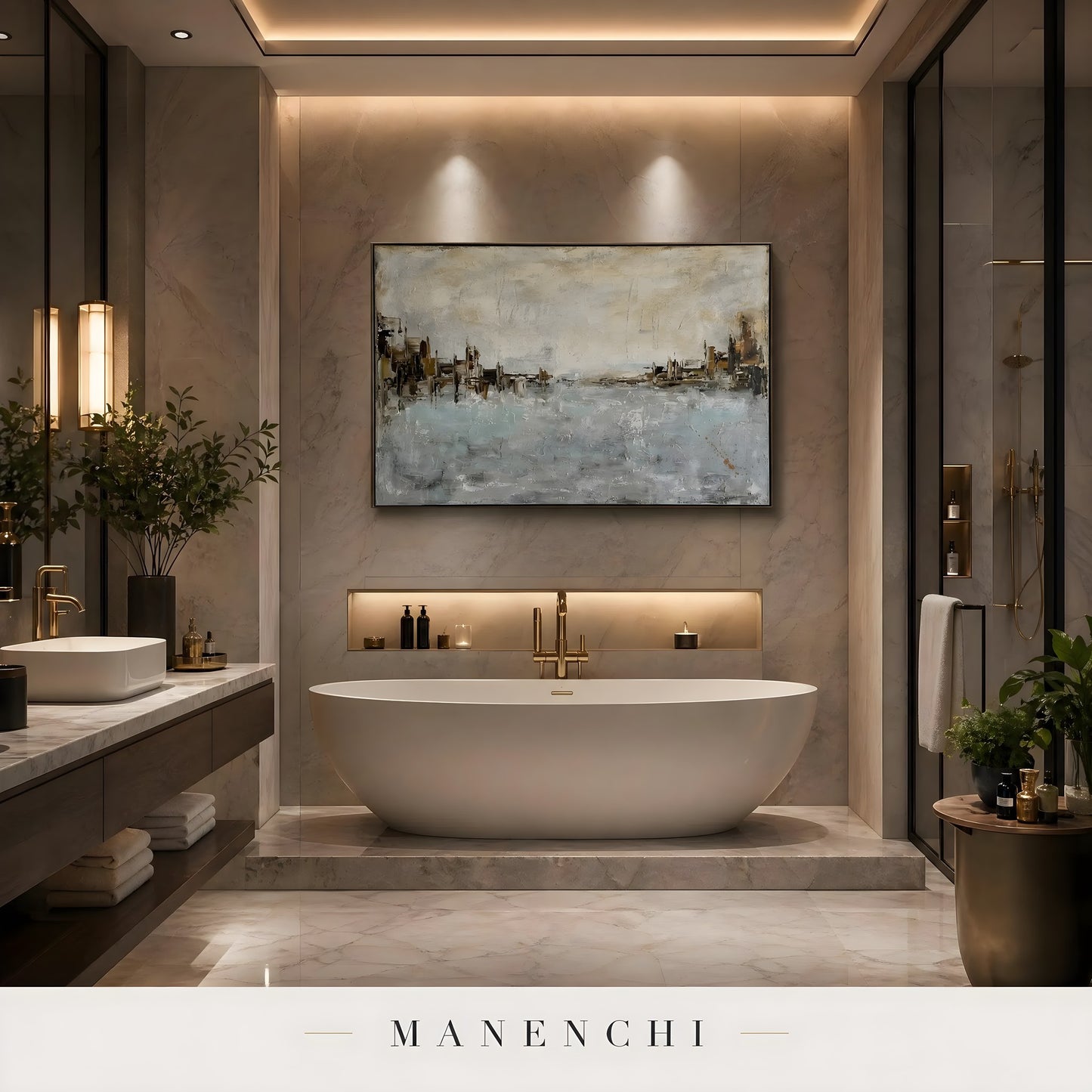 Seaside Tonal Architecture abstract painting displayed in bathroom