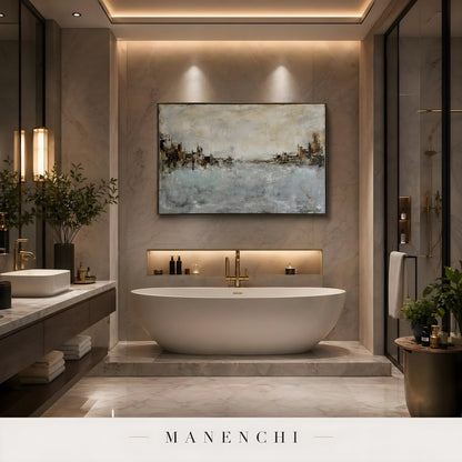 Seaside Tonal Architecture abstract painting displayed in bathroom