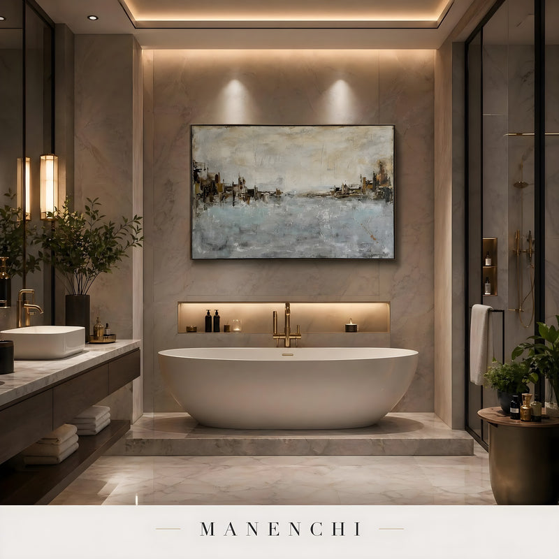 Seaside Tonal Architecture abstract painting displayed in bathroom