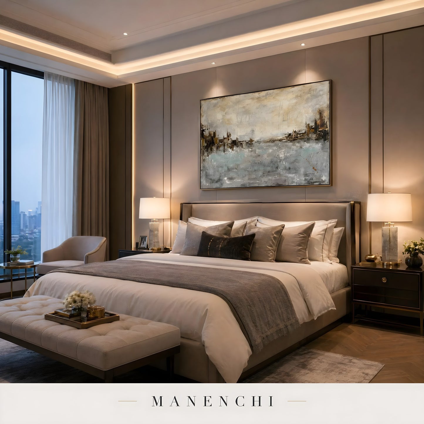 Seaside Tonal Architecture abstract painting displayed in bedroom