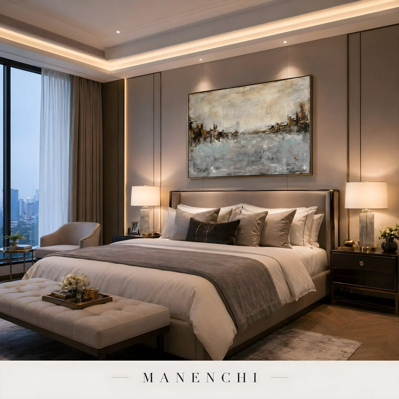 Seaside Tonal Architecture abstract painting displayed in bedroom