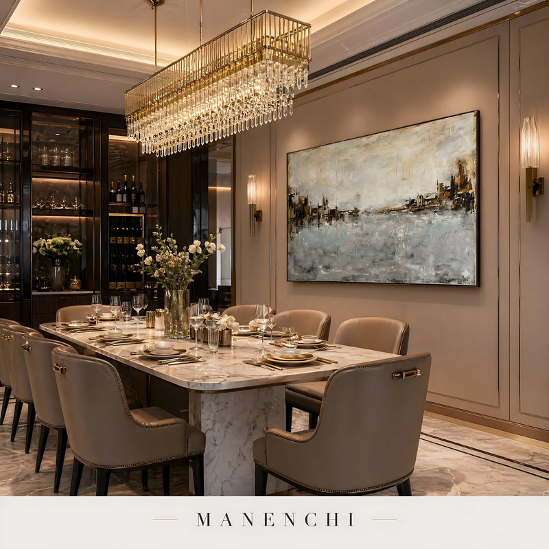 Seaside Tonal Architecture abstract painting displayed in dining room