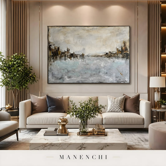 Seaside Tonal Architecture abstract painting displayed in living room