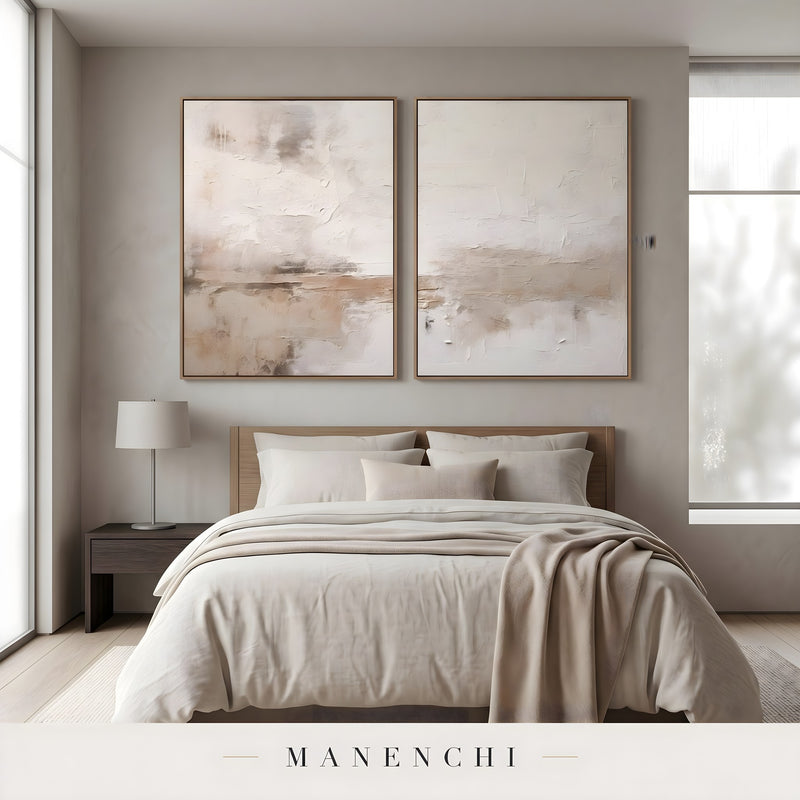 Sediment Echoes abstract painting displayed in bedroom above bed display