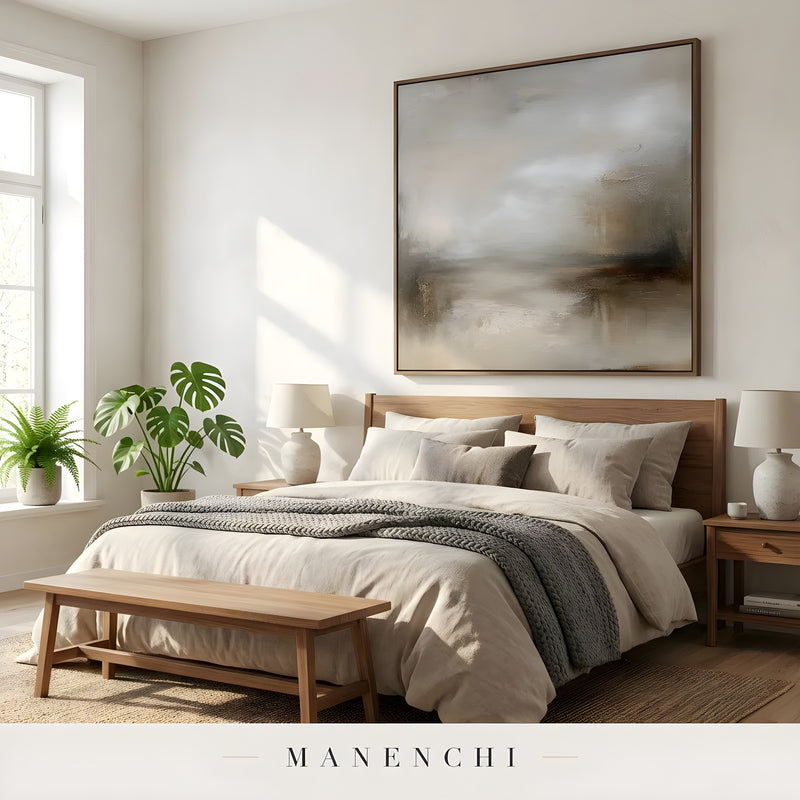 Sepia Mist Expanse abstract painting displayed in bedroom above bed display