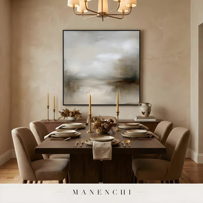 Sepia Mist Expanse abstract painting displayed in formal dining room table