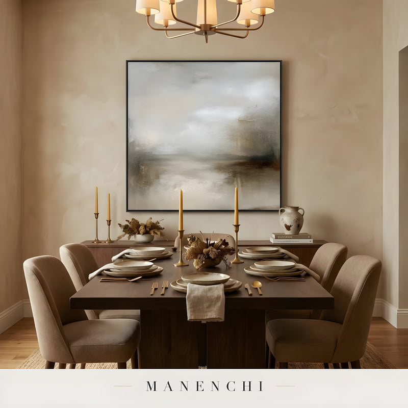 Sepia Mist Expanse abstract painting displayed in formal dining room table