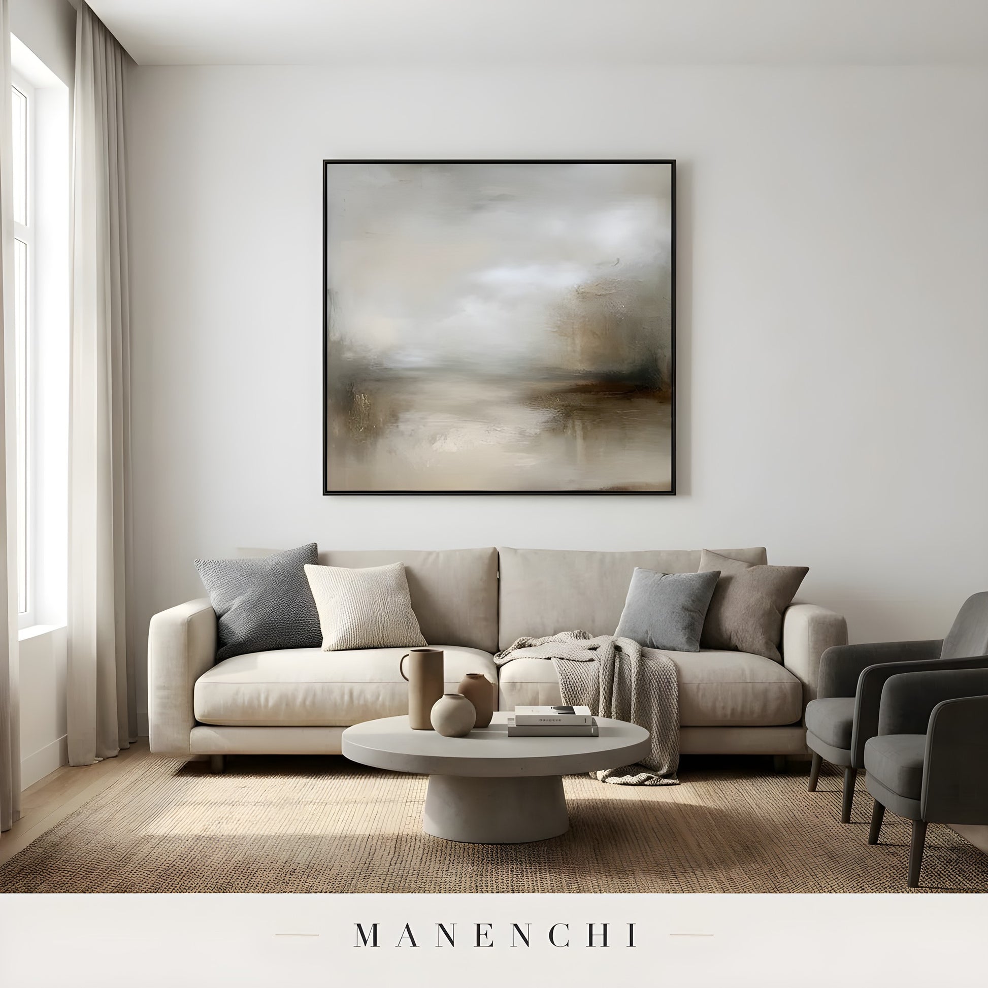 Sepia Mist Expanse abstract painting displayed in living room sofa setup