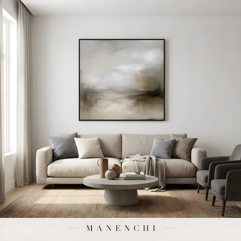 Sepia Mist Expanse abstract painting displayed in living room sofa setup