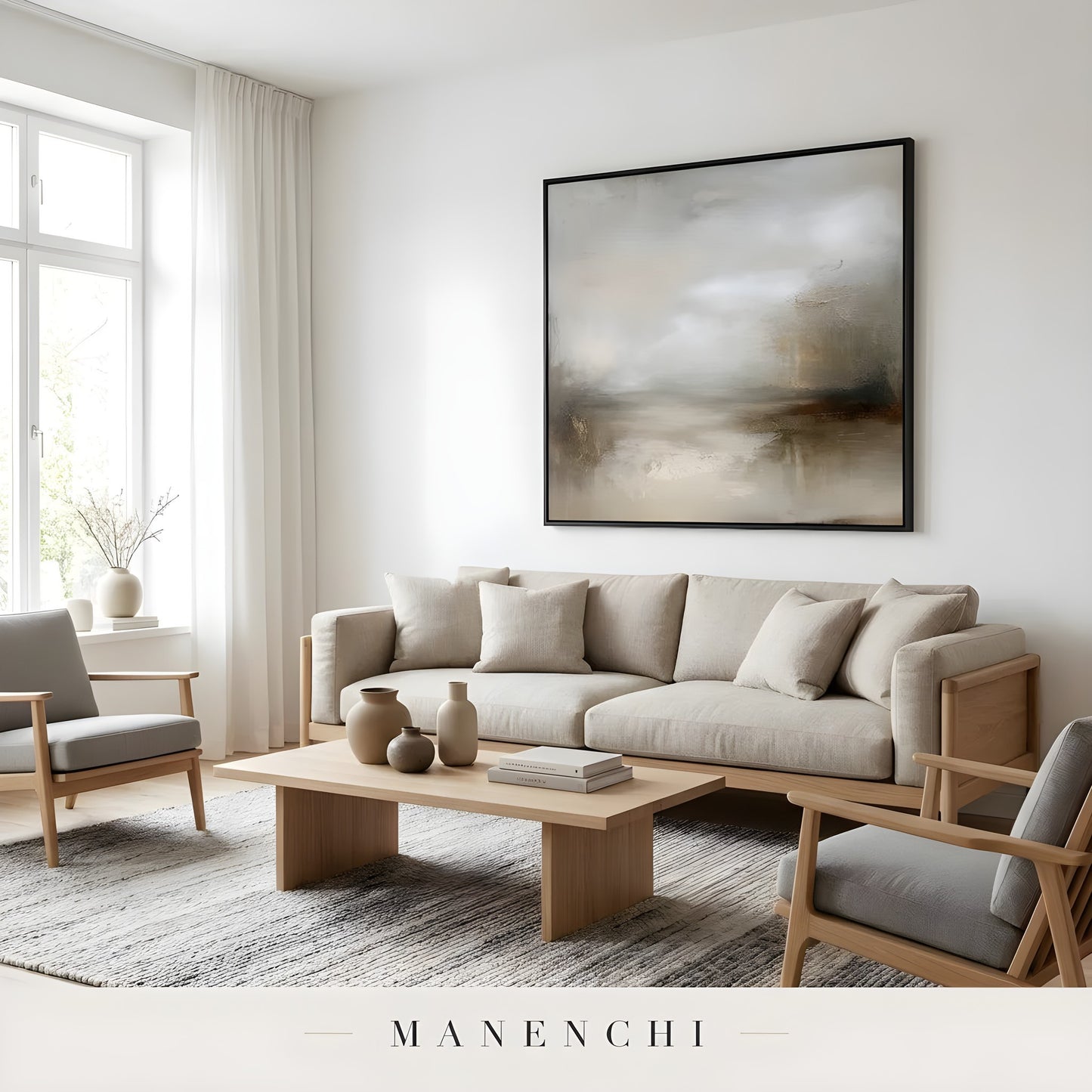 Sepia Mist Expanse abstract painting displayed in minimalist living room interior