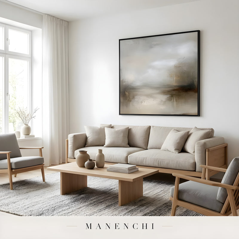 Sepia Mist Expanse abstract painting displayed in minimalist living room interior