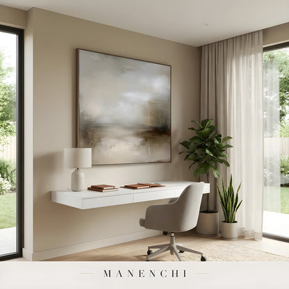 Sepia Mist Expanse abstract painting displayed in modern home office space
