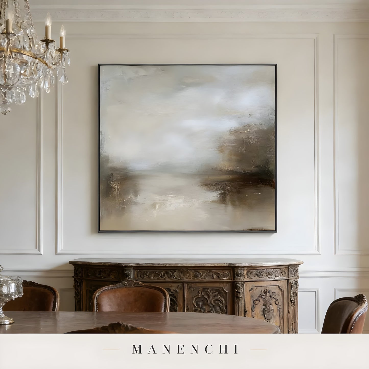 Sepia Mist Expanse abstract painting displayed in traditional dining room buffet