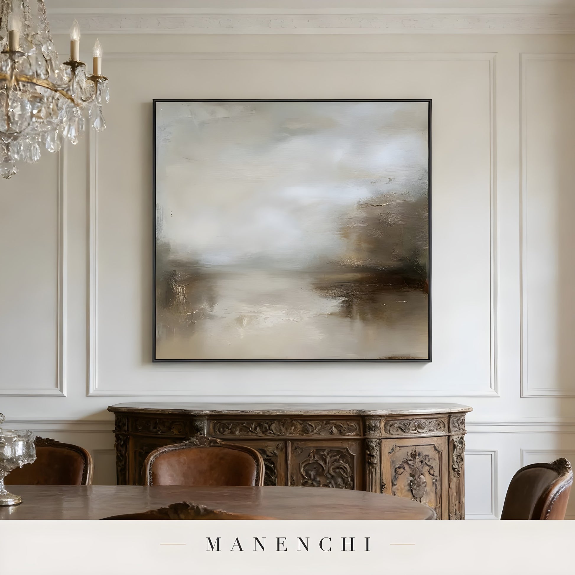 Sepia Mist Expanse abstract painting displayed in traditional dining room buffet