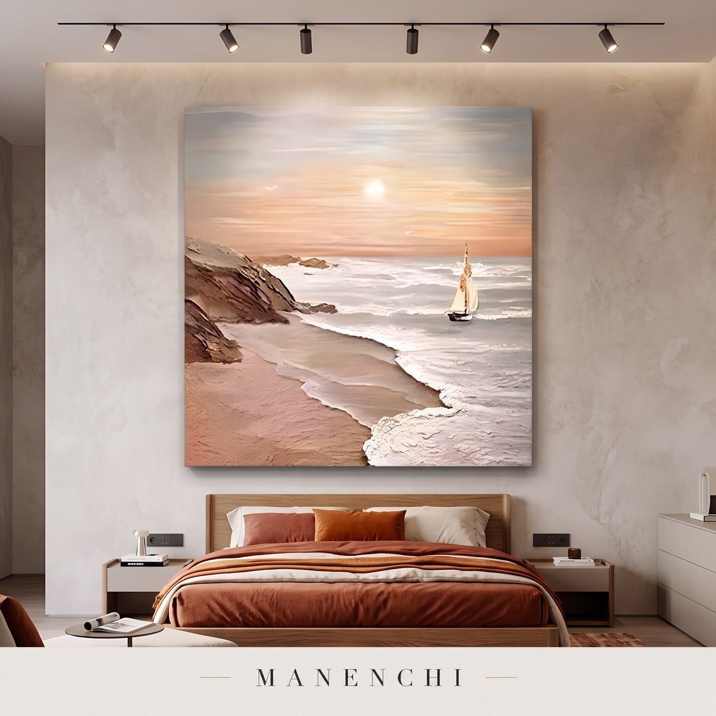 Serene Horizon Sail abstract painting displayed in a modern bedroom
