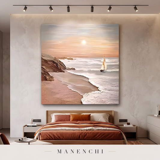 Serene Horizon Sail abstract painting displayed in a modern bedroom
