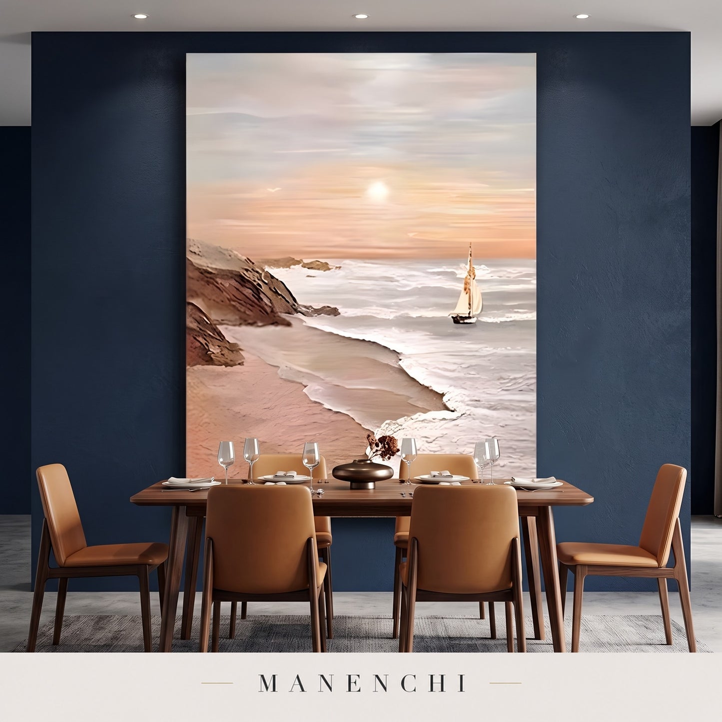 Serene Horizon Sail abstract painting displayed in a dining room