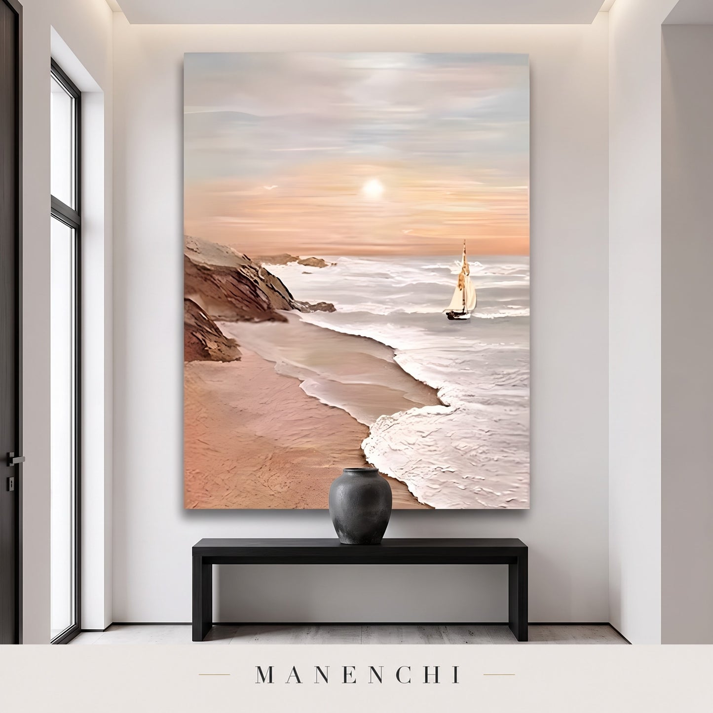 Serene Horizon Sail abstract painting displayed in an entryway