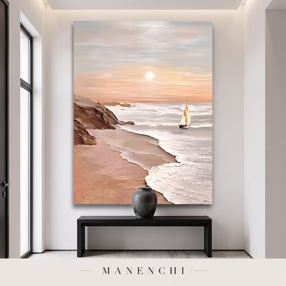 Serene Horizon Sail abstract painting displayed in an entryway