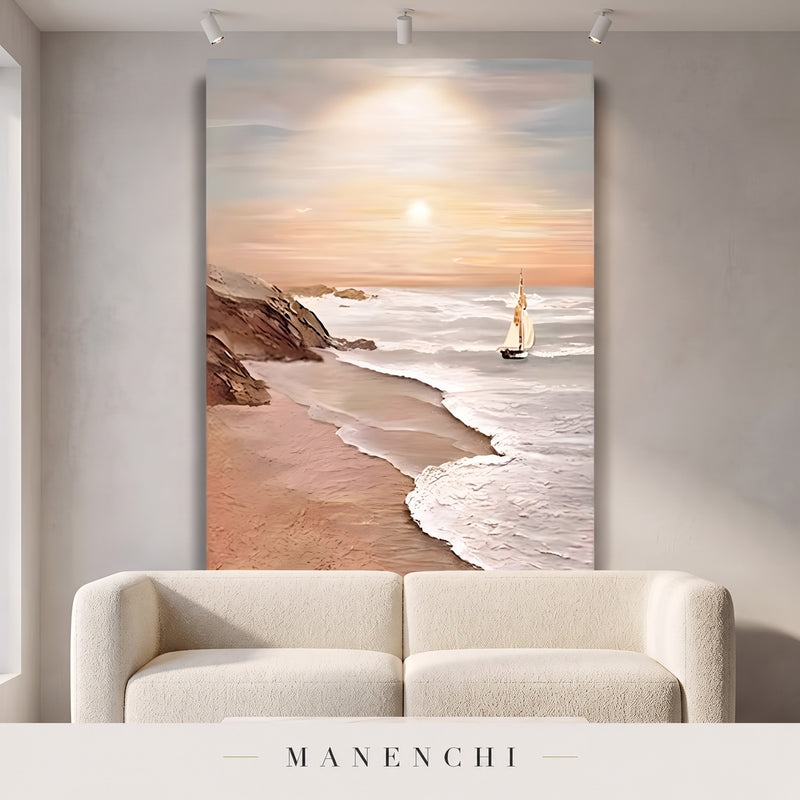 Serene Horizon Sail abstract painting displayed in a modern living room