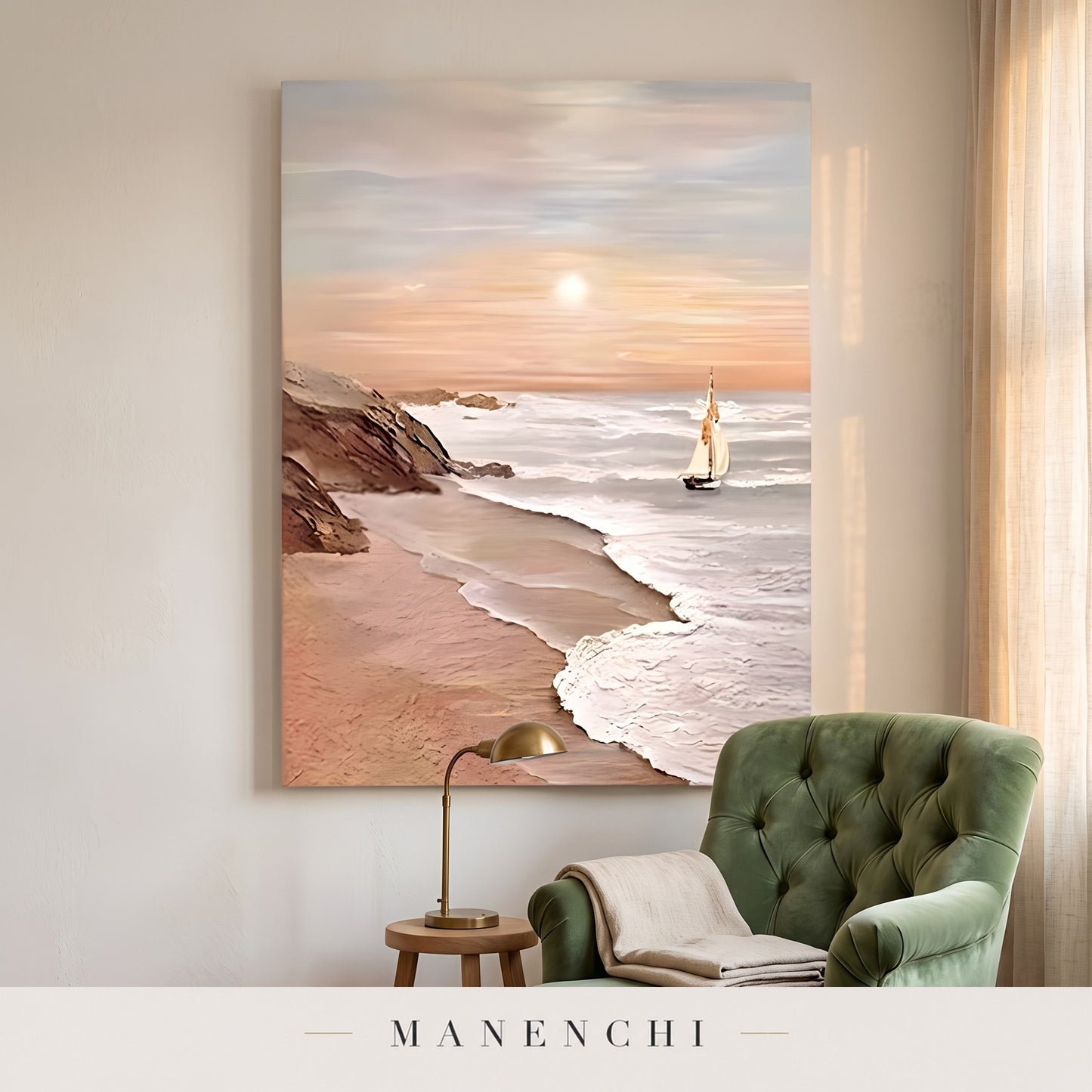 Serene Horizon Sail abstract painting displayed in reading nook