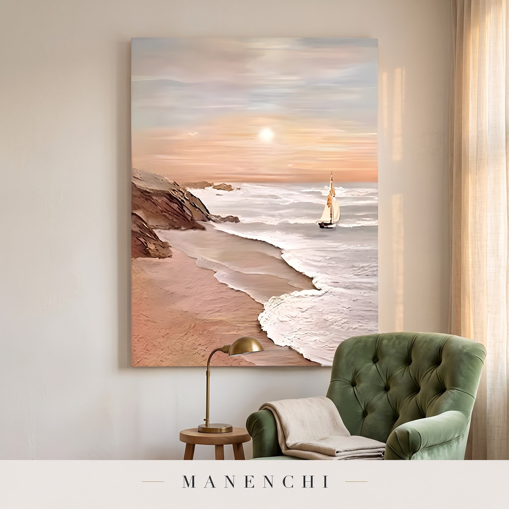Serene Horizon Sail abstract painting displayed in reading nook