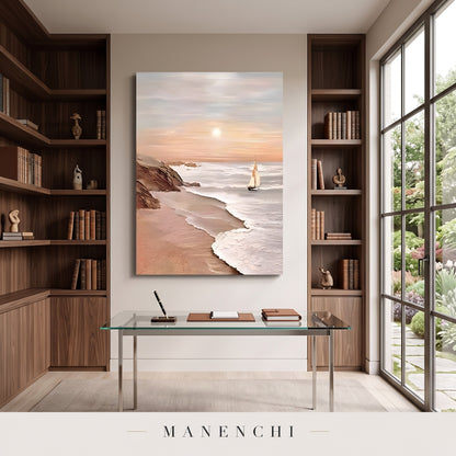 Serene Horizon Sail abstract painting displayed in a study