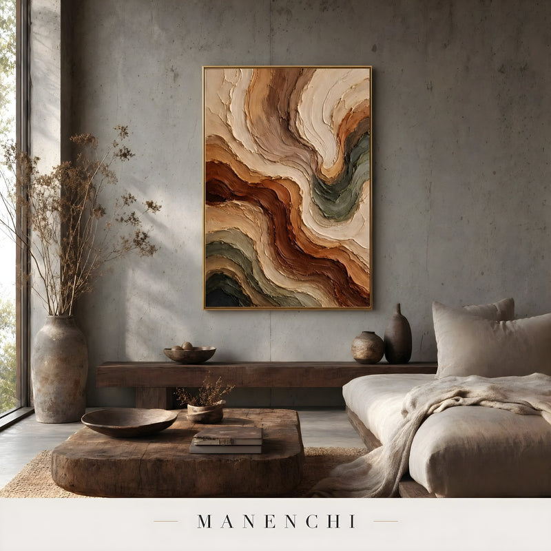 Sienna Earth Flow abstract painting displayed in concrete living room