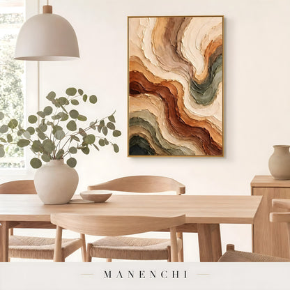 Sienna Earth Flow abstract painting displayed in dining room table