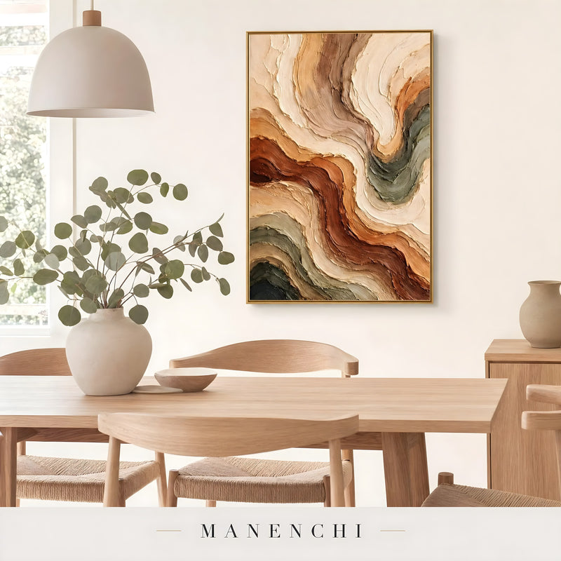 Sienna Earth Flow abstract painting displayed in dining room table