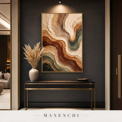 Sienna Earth Flow abstract painting displayed in entry way console