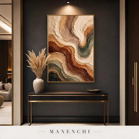 Sienna Earth Flow abstract painting displayed in entry way console