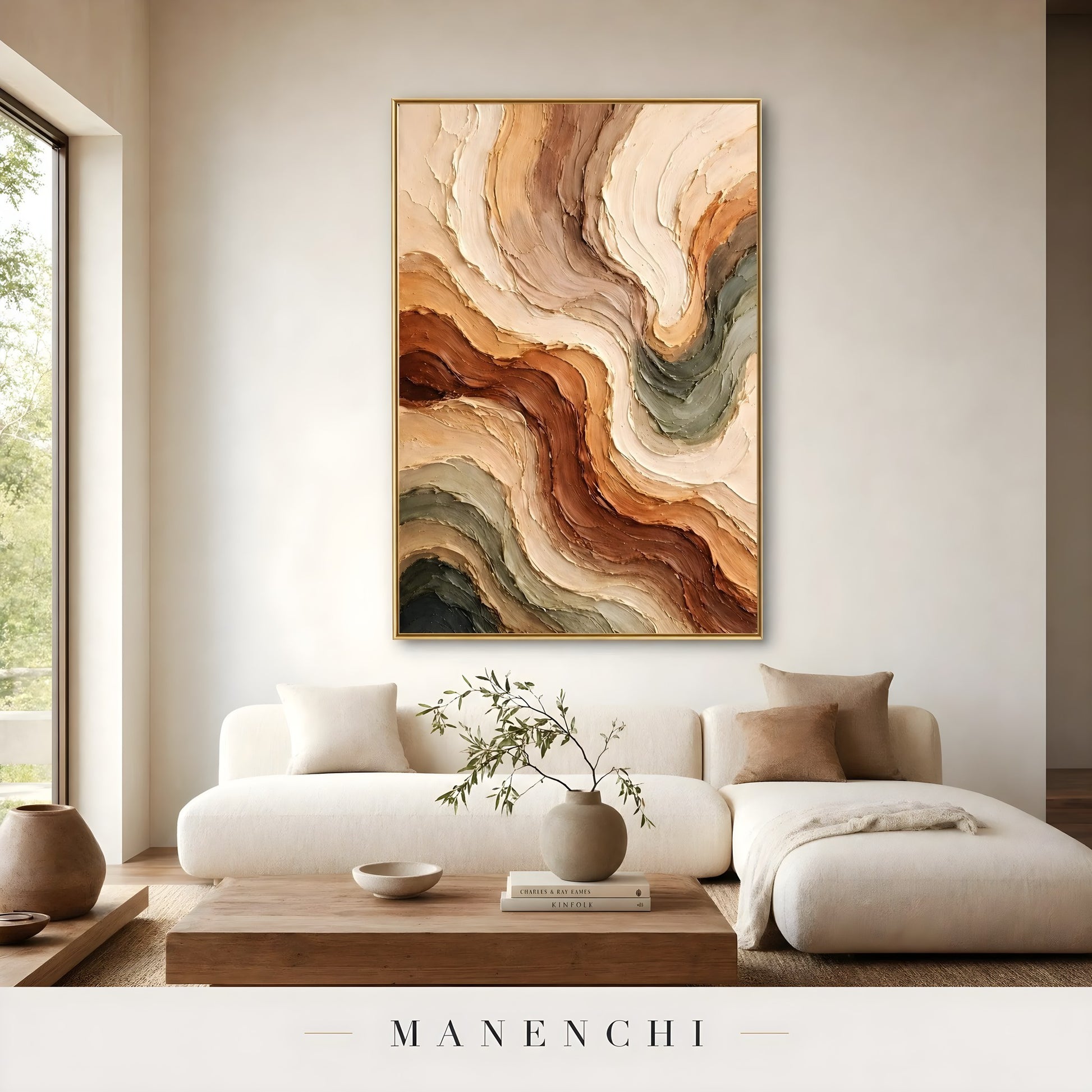 Sienna Earth Flow abstract painting displayed in living room sofa