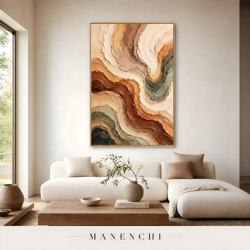 Sienna Earth Flow abstract painting displayed in living room sofa