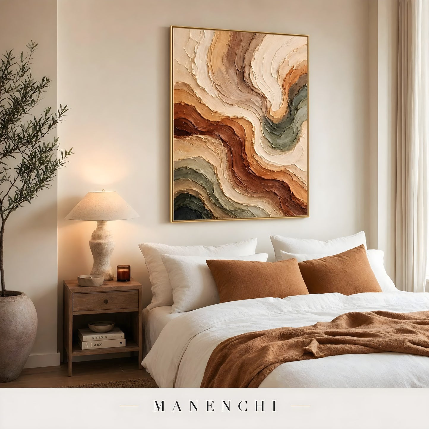 Sienna Earth Flow abstract painting displayed in modern bedroom interior