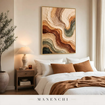 Sienna Earth Flow abstract painting displayed in modern bedroom interior