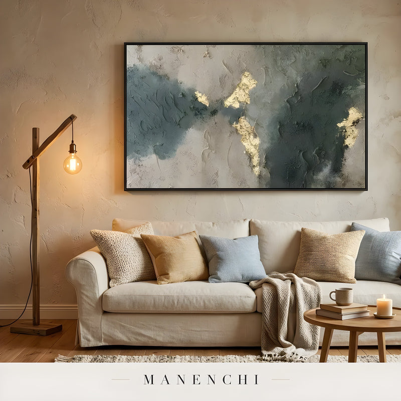 Slate Forest Gilded abstract painting displayed in cozy living room