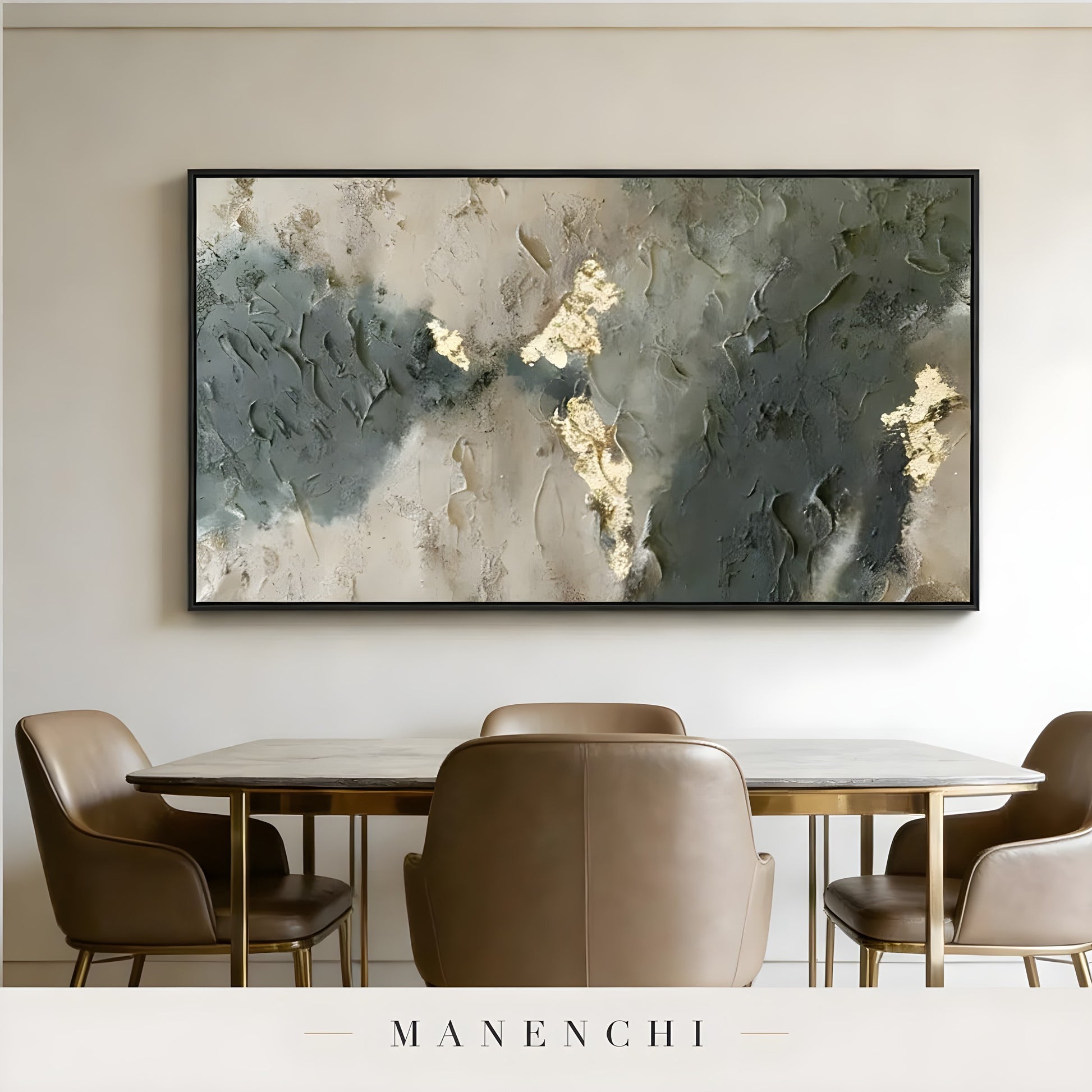 Slate Forest Gilded abstract painting displayed in dining room art