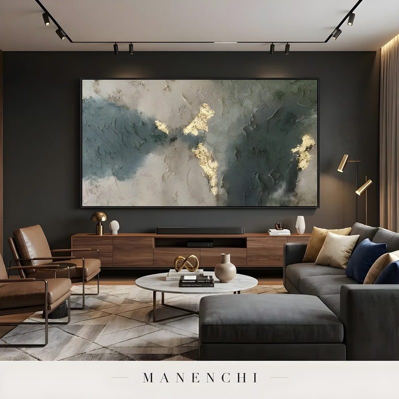 Slate Forest Gilded abstract painting displayed in living room art