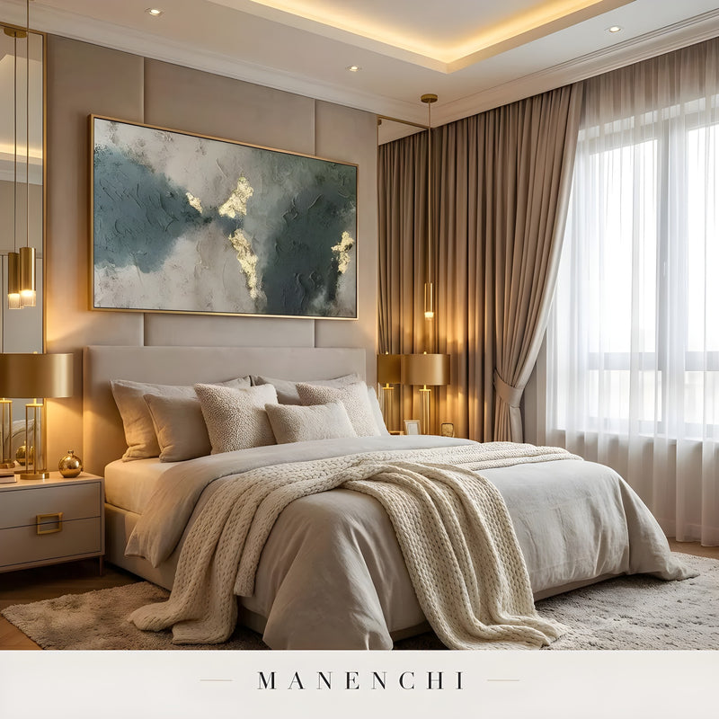 Slate Forest Gilded abstract painting displayed in master bedroom art