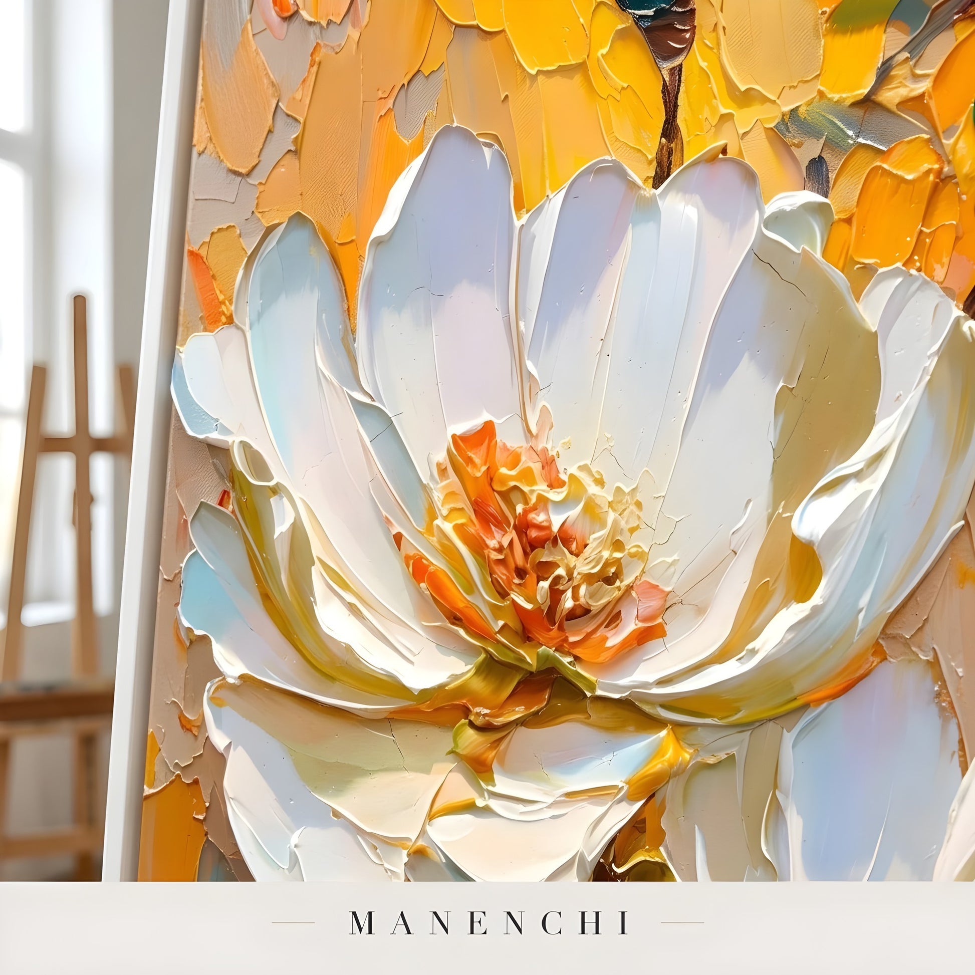 Close-up detail of the textured brushwork in Solar Bloom Impasto