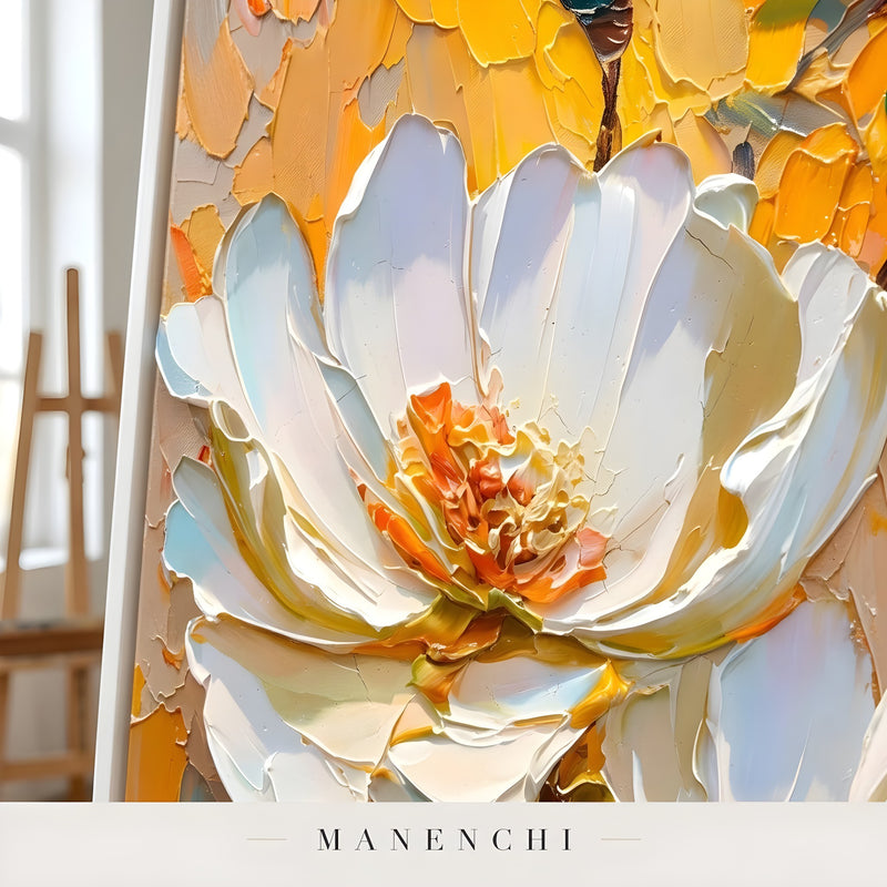 Close-up detail of the textured brushwork in Solar Bloom Impasto
